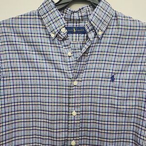 POLO RALPH LAUREN Button Down Classic Fit Cotton Stretch Multi Blue Plaid Sz M‎